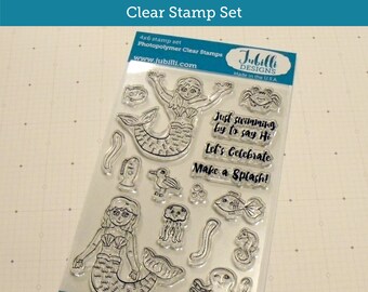 Mermaid Clear Stamp Set | 4x6 Photopolymer Stamps, Sea Creatures Rubber Stamps