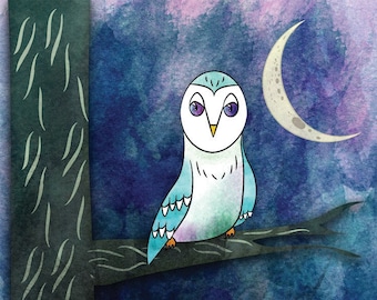 Owl at Night Giclee Art Print – Nursery Wall Decor (4x6)
