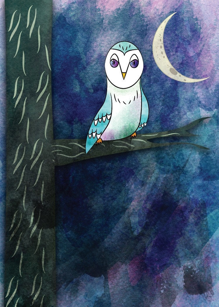 Owl at Night Giclee Art Print &ndash; Nursery Wall Decor (4x6)