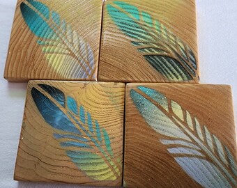 Coastal Feather Wooden Coasters-Set of 4