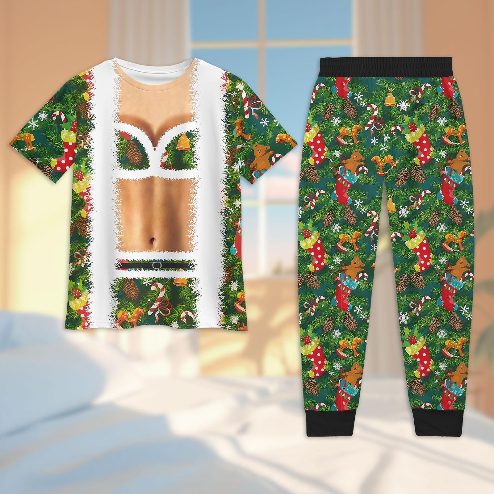 Discover Christmas Funny Faux Bra Suit Pajamas Set, Xmas T-Shirt And Pants, Green Tree Holiday Pajamas, Meme Xmas Pajamas, Pajamas For Party