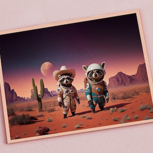 Zwei Waschbären in Astronautenanzügen stehen in der Wüste, Pastellfarben, Kaktus, Retro, Weltall, Nostalgie, Postkarte, Grußkarte