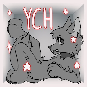 May include: A digital illustration of a grey anthropomorphic wolf-like character in a box, with the text "YCH" in red. The character has a worried expression and is surrounded by star-shaped accents.
