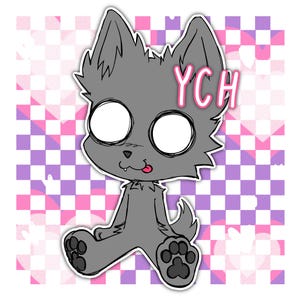 May include: A cartoon illustration of a grey wolf-like creature with large, empty white eyes and a pink tongue sticking out. The word "YCH" is written in pink above the wolf. The background is a checkered pattern of pink and purple.