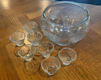 Vintage Embossed Rose Glass Punch Bowl Set, 8 Cups, Indiana Glass