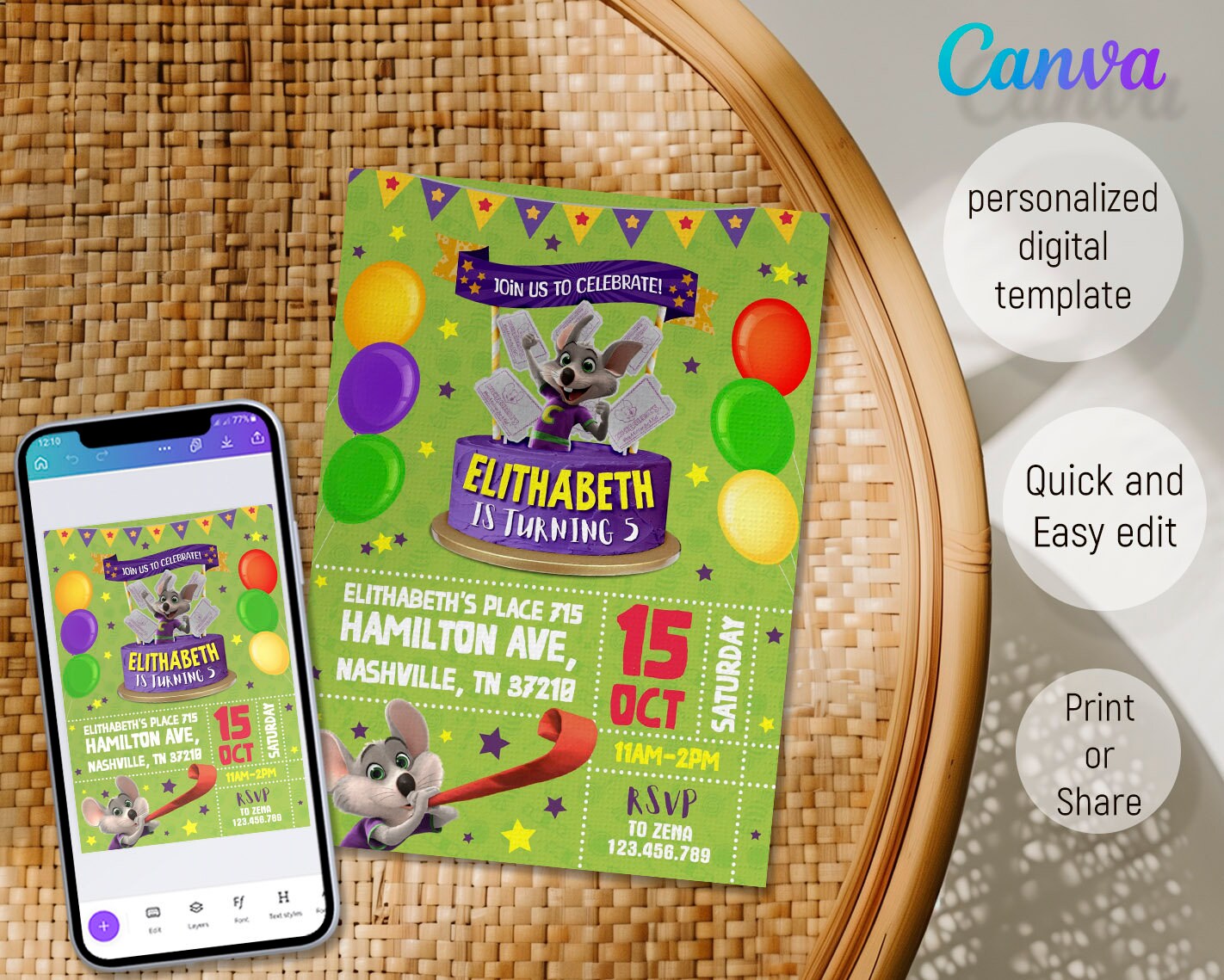 Chuck-e-cheese Editable Invitation, Printable Birthday Invite, Mouse ...