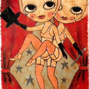 May include: Two cartoon figures with large eyes and red lips are dressed in pink and white costumes. They are standing on a stage with a red curtain and a blue and white patterned floor. One figure is holding a top hat and the other is holding a sword.