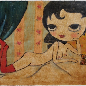 May include: A painting of a woman with large eyes and red lipstick, lying on a bed with a pillow. She is wearing red stockings and has a dark blue curtain behind her.