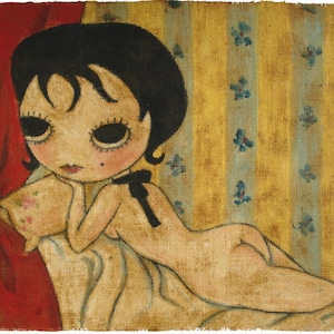 May include: A painting of a woman with large eyes and dark hair lying on a bed with a floral patterned pillow. The background is a yellow and blue striped wall with a red curtain.