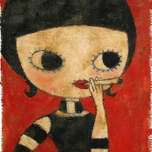 May include: A painting of a girl with black hair and a black and white striped shirt. She is holding a cigarette in her hand and has a red mouth.