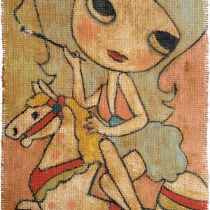 May include: A cartoon illustration of a woman with blue hair riding a carousel horse. The woman is wearing a blue dress and holding a cigarette. The horse is white with red and yellow details.