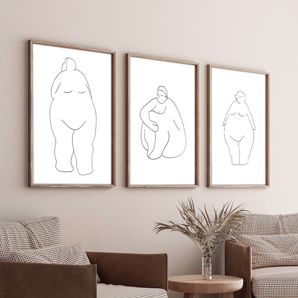 3 Pack Print Bundle Fat Woman Wall Art, Curvy woman print, Body positive art, Big girl line art, Female silhouette, Naked abstract poster