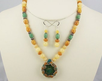 Stunning Boro Lampwork Pendant with Jades, Aventurine Beaded Necklace Set-