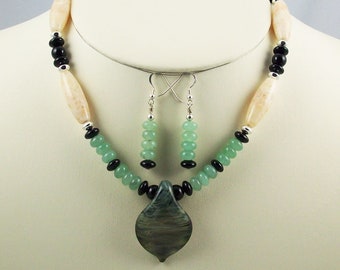 Subtle One-of-a-Kind Lampwork Focal Bead with Natural Stones Necklace Set-
