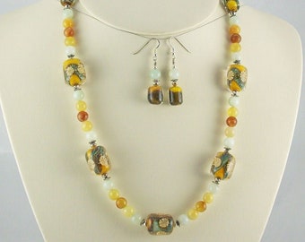 Beautiful Summery Colors of Natural Onyx and Lampwork Focal Beads Necklace Set