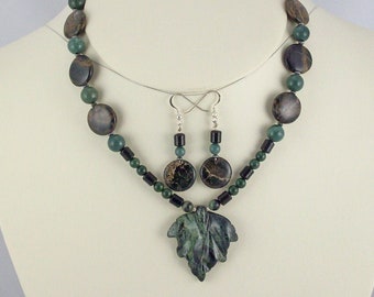 Kamba Jasper Carved Leaf with Jade,Onyx,Tortoise Stone Beaded Necklace Set