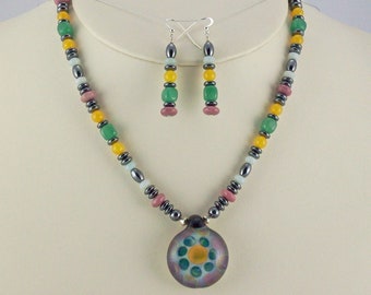 Collusion of Spectacular Colors,Lampwork Pendant,Natural Stones Necklace Set