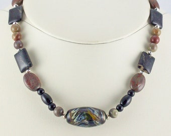 Rich Robust Brown Toned Natural Jasper,Onyx, Lampwork Focal Bead Necklace