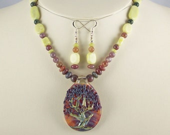 Jade and Jasper Beads Enhance a Tree of Life Lampwork Pendant,Necklace Set