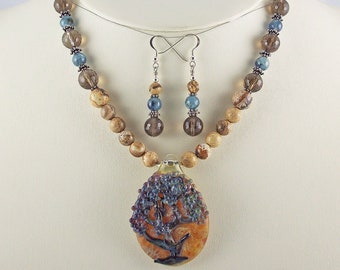 Tree of Life Lampwork Pendant with Picture Jasper,Kyanite,Smoky,Necklace Set