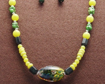 Fantastic Colorful Boro focal Bead,Genuine Turquoise Stone Necklace Set-