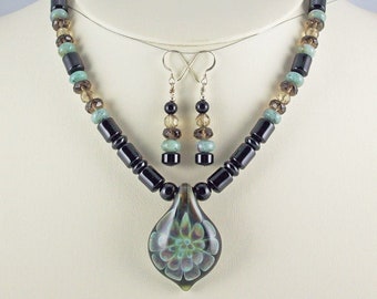 Simple Elegance in Organic Form,Lampwork Pendant,Onyx Necklace Set