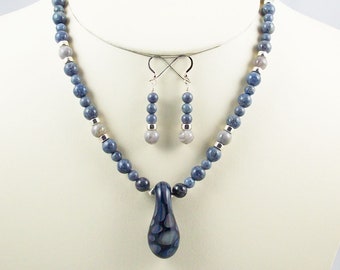 Bold Organic Blues Shine in this Lampwork Focal Stone Beaded Necklace Set-