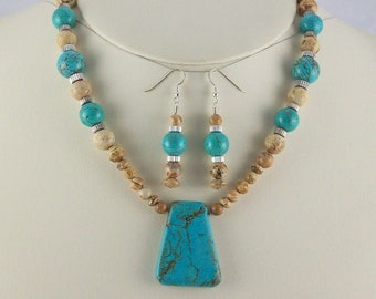 Genuine Turquoise Pendant,Focal Beads and Picture Jasper Necklace Set