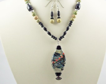 Double-Sided Lampwork Focal,Turquoise,Onyx Neckace Set