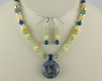 Rich Greens, Blues in Summerfest Organic Design Lampwork Pendant Necklace Set