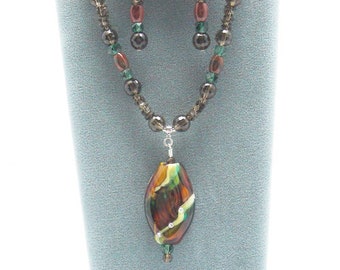 Rich Greens with Smoky Quartz, Lampwork Focal Beaded Necklace Set