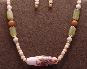 Necklace Set of Soft Pastel Natural Stone Beads with Artistic Lampwork Focal-
