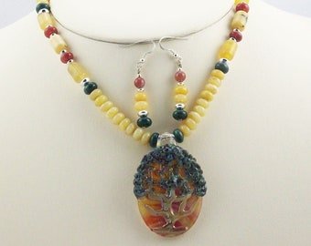 Tree of Life Lampwork Focal Bead Necklace Set, Colorful Fancy Jaspers, Opal