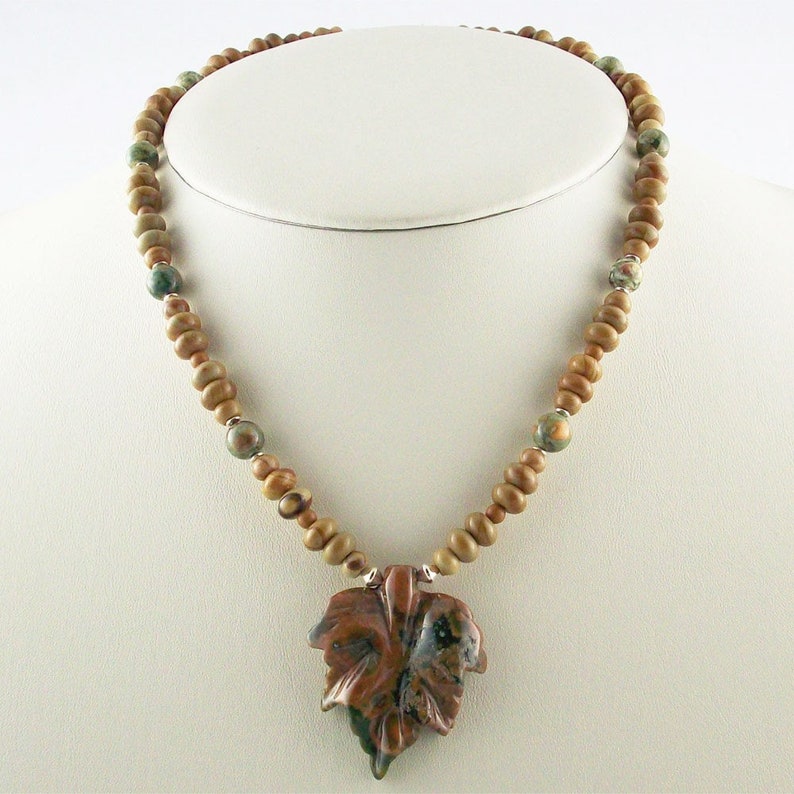 Beautiful Organic Natural Rhyolite Carved Leaf Pendant Beaded Necklace image 1