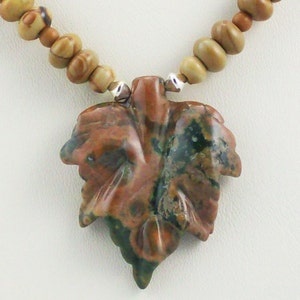 Beautiful Organic Natural Rhyolite Carved Leaf Pendant Beaded Necklace image 2