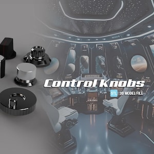 May include: A set of 3D printed control knobs in various shapes and sizes. The knobs are made of black, silver, and red plastic. The knobs are designed for use in a spaceship cockpit. The text "Control Knobs" and "STL 3D Model File" is visible in the image.