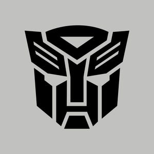 May include: Black and white stylized illustration of a robot face with a geometric design. The face has a triangular shape with a square in the center. The robot face is a popular symbol for the Transformers franchise.