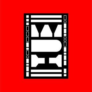 May include: Black and white illustration of a film strip with a stylized letter 'B' inside. The letter is made up of three triangles at the top and a rectangle in the middle.