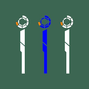 Puede incluir: Tres líneas verticales, cada una con un círculo en la parte superior. La línea del medio es azul, mientras que las líneas a cada lado son blancas. Cada círculo tiene un pequeño segmento naranja.