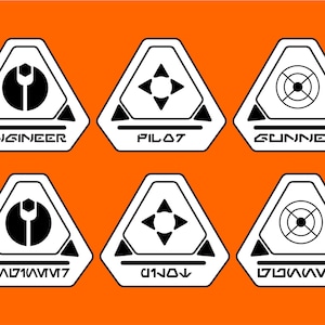 May include: Six white triangular badges with black outlines and icons. The badges have the words "Engineer", "Pilot", "Gunner", "Engineer", "Pilot", and "Gunner" written on them.