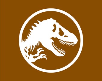 May include: A white dinosaur skeleton graphic in a white circle on a brown background.