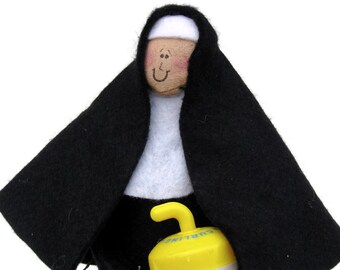 Novelty nun doll, woman with curling rock, bonspiel award, gift for curler, fun Catholic gift, Funny religious figure, Sister Bonnie Spiel