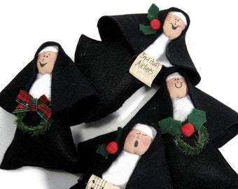 Nun doll Christmas ornament,  religious Catholic humor, fun holiday decor, unique wine toppers, cute Catholic gift,  "Little Sisters"