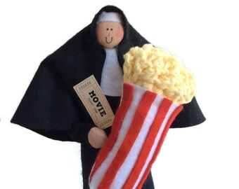 Funny Nun doll, theatre lover, movie goer, movies, film buff, humorous Catholic gift, Sister Fanna Flicks