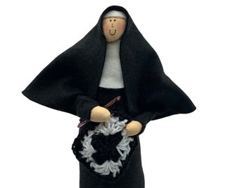 Nun doll, crochet nun, sister with hook, yarn enthusiast, gift for crochet Sister, fun Catholic gift, Sister Woolma Loopenstitch