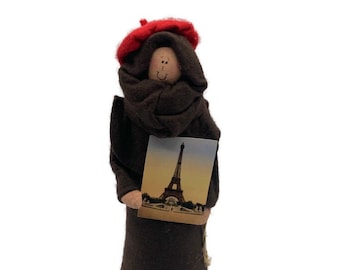 French Monk figure, Brother doll, friar, Eiffel Tower fan, man wearing beret, the French Friar