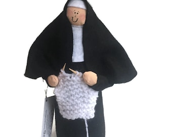 Nun doll, sister doll, gift for knitter, knitting doll, yarn enthusiast, Catholic keepsake