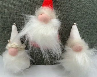 Gnome ornament trio, Christmas ornaments, gnome dudes in woolblend felt, gnomes with fluffy white beards