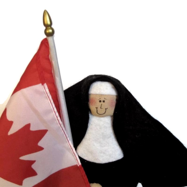 Nun Doll Canadian patriot holding flag with maple leaf , Catholic keepsake gift, 'I am Canadi-nun' image 4