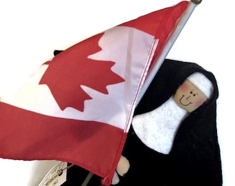 Nun Doll Canadian patriot holding flag with maple leaf , Catholic keepsake gift,   'I am Canadi-nun'